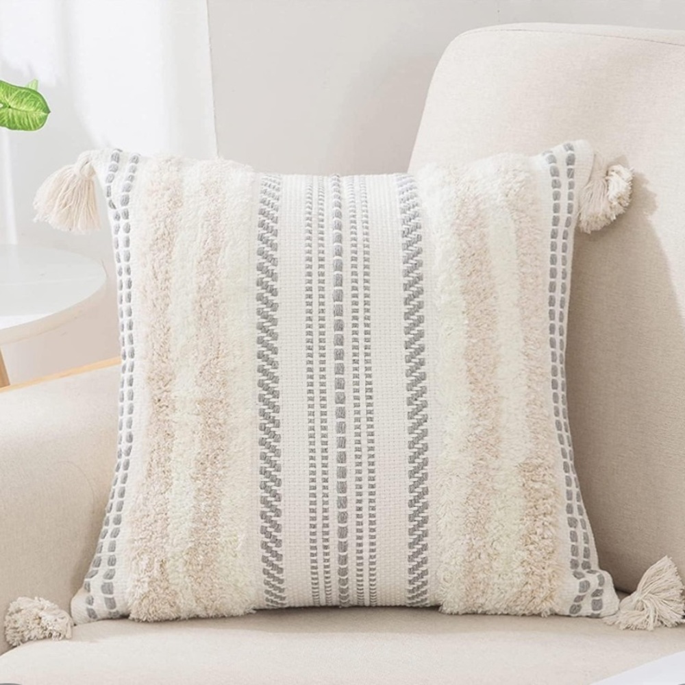 Boho Cream and Gray Throw Pillow Cover